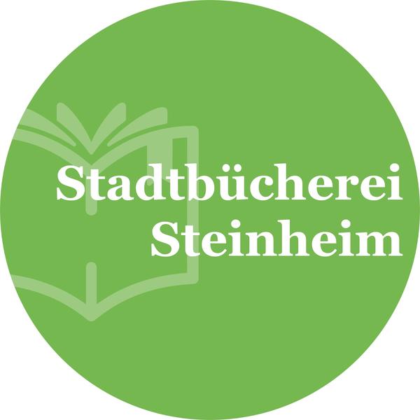 Das Logo der Stadtbcherei Steinheim ist kreisrund und enthlt neben dem Schriftzug auch als Icon ein aufgeblttertes Buch. Die Grundfarbe ist grn mit weier Schrift.