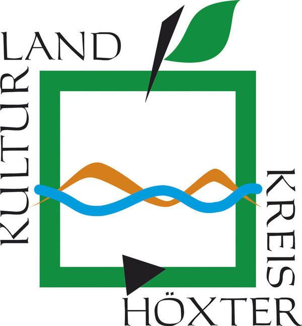Das Logo des Kreises Höxter zeigt einen vier-eckigen Apfel umrahmt von dem Schriftzug "Kulturland Kreis Höxter". In der Mitte des Apfels von rechts nach links sind eine blaue geschlängelte Linie, die die Weser symbolisieren sol,l und ein Hellbraune geschlängelte Linie, die das Weserbergland symbolisieren soll, eingefügt.