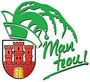 Das Logo der Steinheimer Karnevalsgesellschaftvbestehtaus dem Stadtwappen, dem eine Karnevalsmütze mit Federn aufgesetzt wurde. Daneben steht der Steinheimer Karnevalsgruß Man Teou.