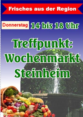 Das Logo des Wochenmarktes Steinheim besteht aus einem großen Korb Obst und Gemüse, der vor dem Steinheimer Kump liegt. Die Aufschrift lautet: Trffpunkt Wochenmarkt Steinheim - Frisches aus der Region - Donnerstag von 14 bis 16 Uhr.