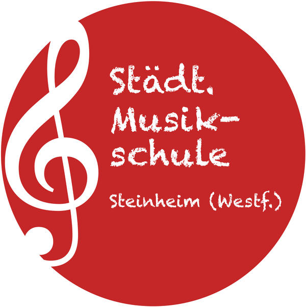 Das Logo der Musikschule Steinheim ist kreisrund und enthält neben dem Schriftzug auch einen Notenschlüssel. Die Grundfarbe ist dunkelrot mit weißer Schrift.