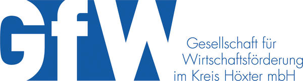 In wei&szlig;er Schrift auf blauem Grund steht neben dem K&uuml;rzel G f W der Schriftzug Gesellschaft f&uuml;r Wirtschaftsf&ouml;rderung im Kreis H&ouml;xter